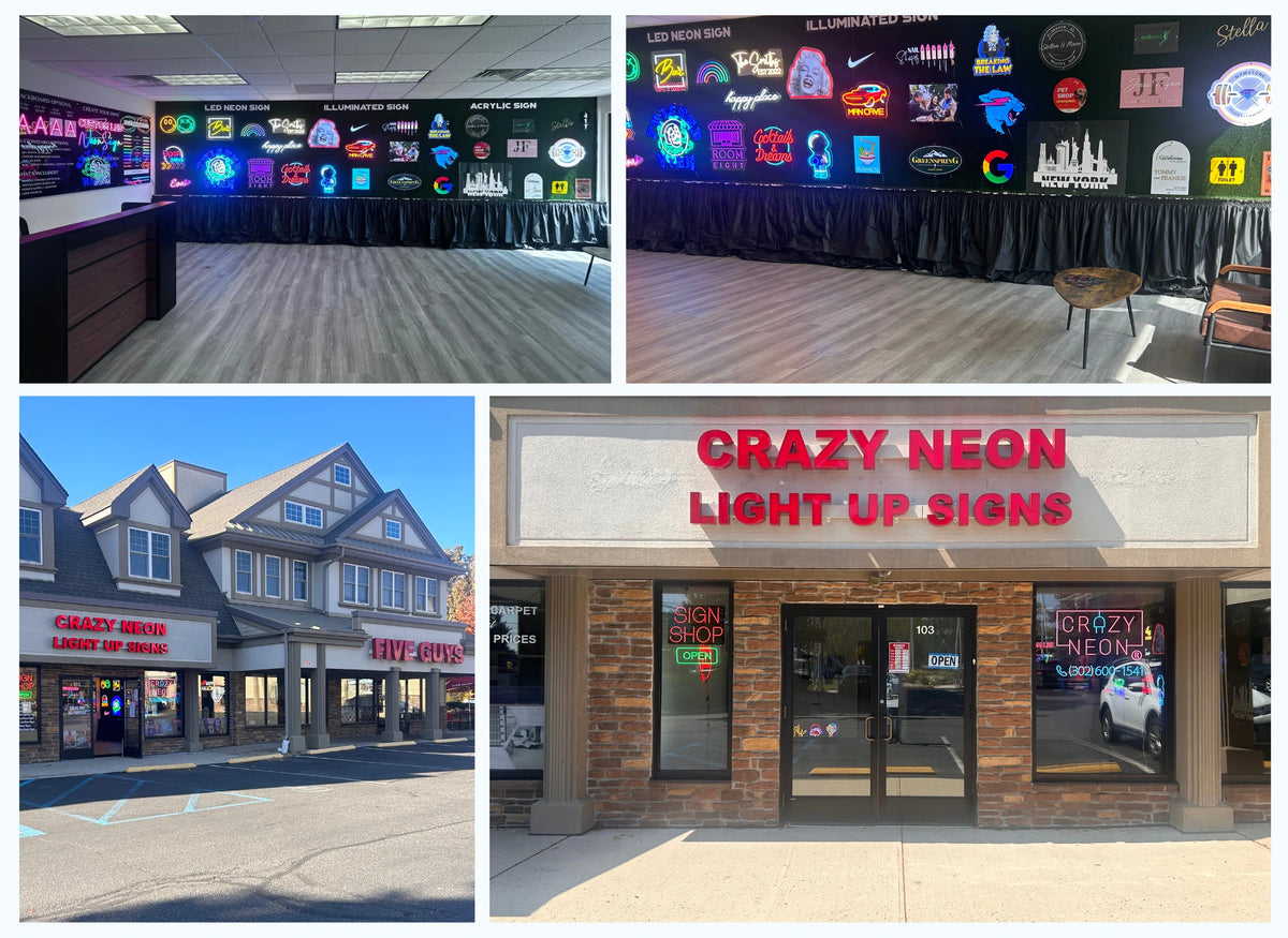Crazy Neon light up signs storefront and neon sign showroom collage, custom illuminated signs business exterior and interior displays