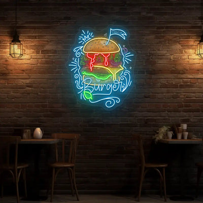 ice blue burger burst neon sign mounted on a wall