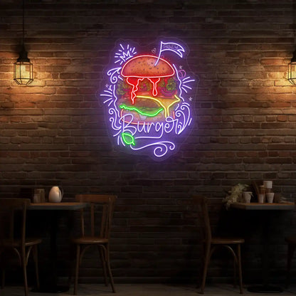purple burger burst neon sign mounted on a wall