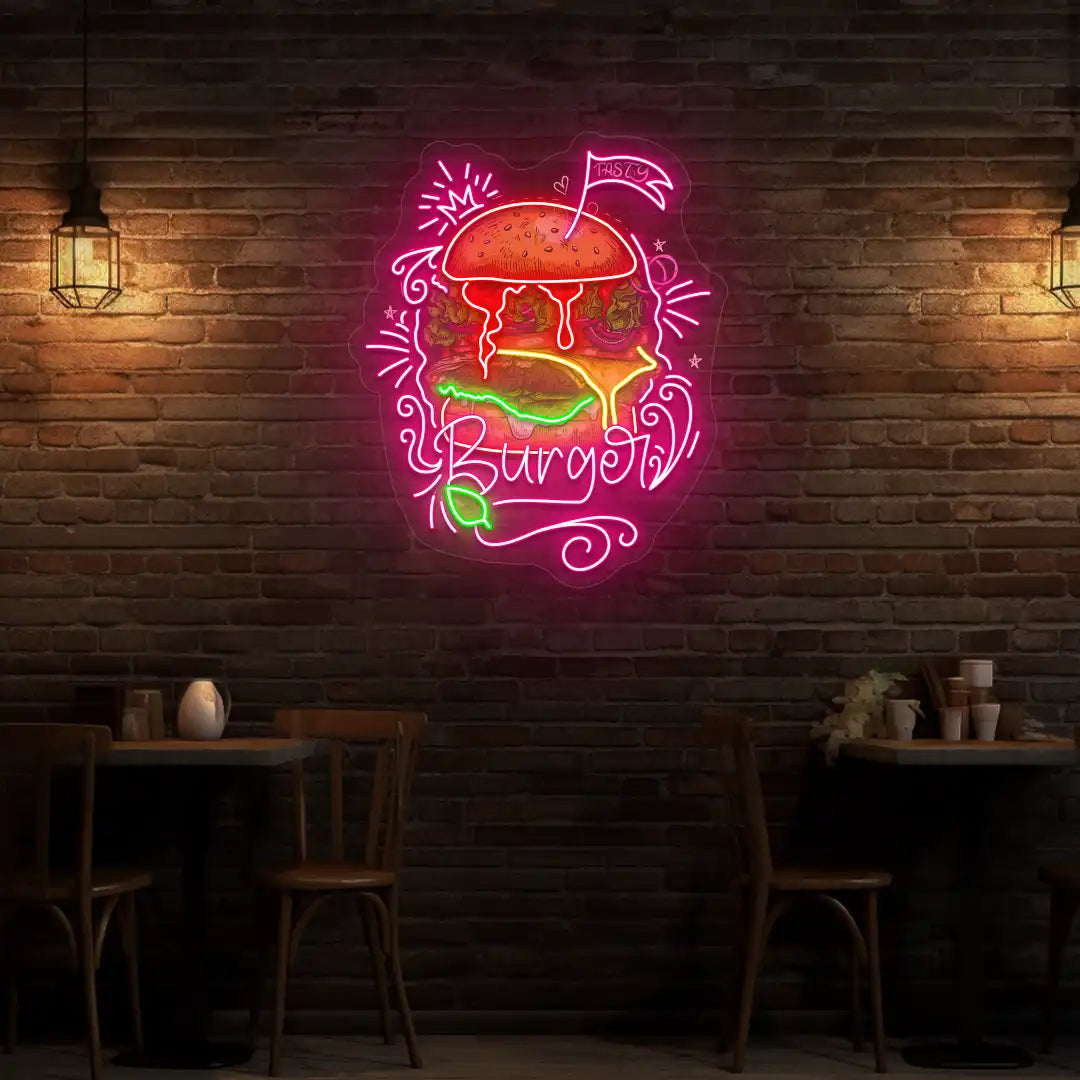 pink burger burst neon sign mounted on a wall