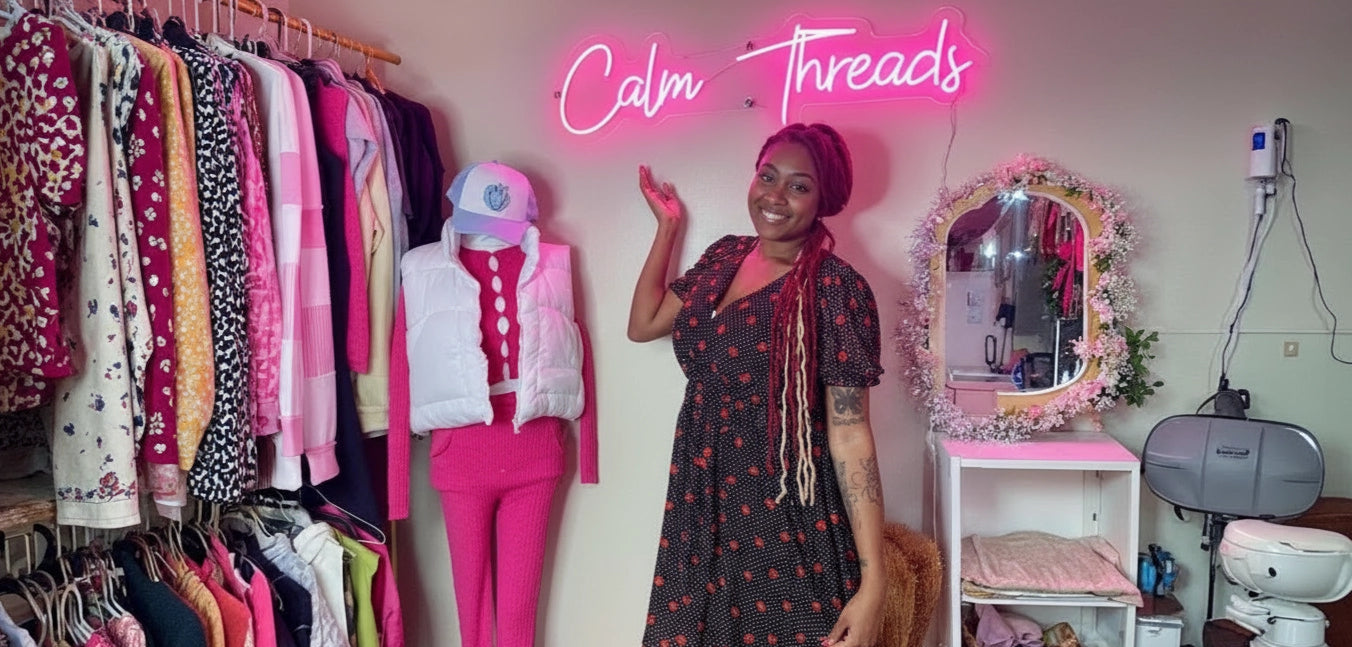 Woman in a black dress with red spots posing beside a mannequin dressed in pink under a glowing neon sign that reads 'Calm Threads', with a rack of colorful clothes and a floral-framed mirror in a boutique setting.