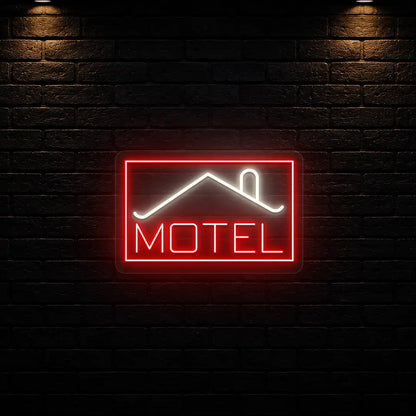 warm white and red classic stay motel vintage neon sign mounted on a wall