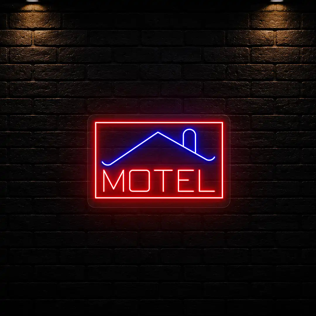 blue and red classic stay motel vintage neon sign mounted on a wall