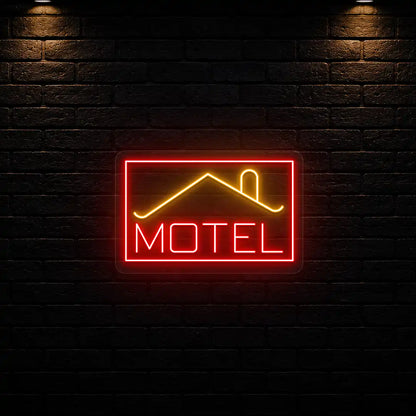 orange and red classic stay motel vintage neon sign mounted on a wall