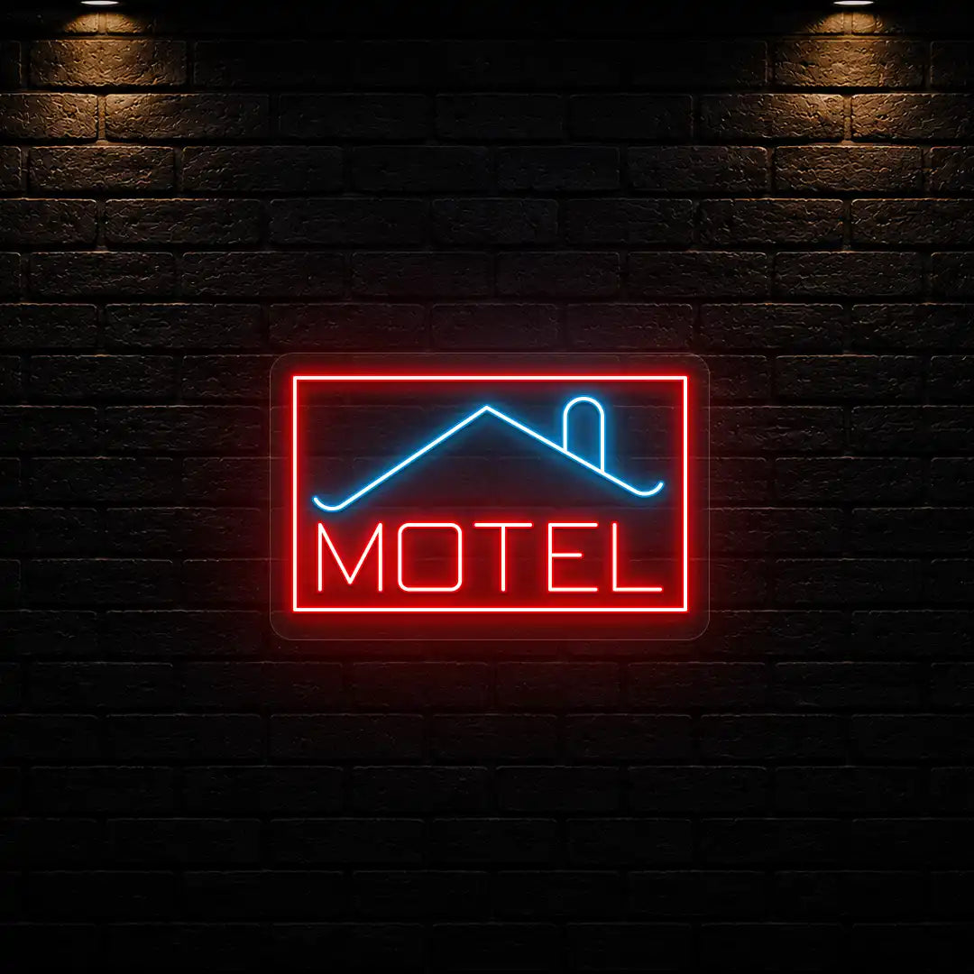 ice blue and red classic stay motel vintage neon sign mounted on a wall