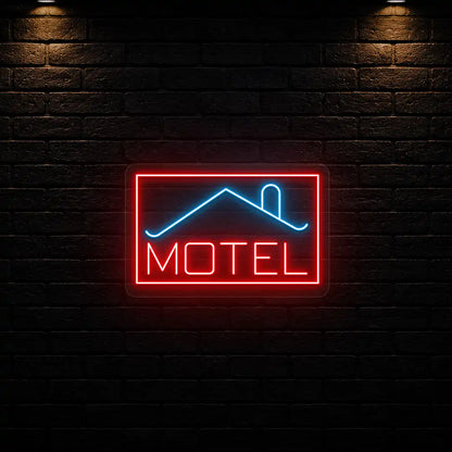 ice blue and red classic stay motel vintage neon sign mounted on a wall