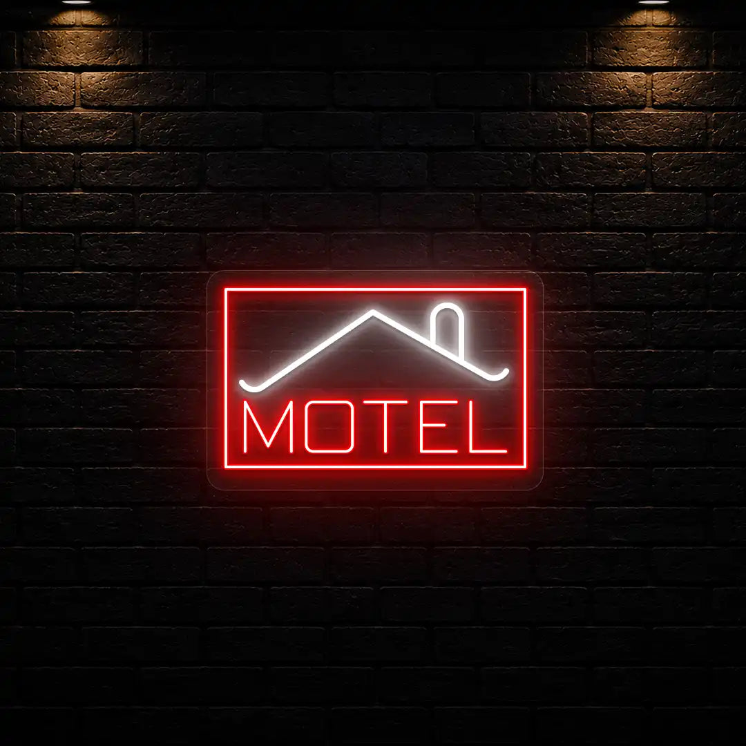 white and red classic stay motel vintage neon sign mounted on a wall