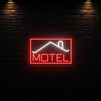 white and red classic stay motel vintage neon sign mounted on a wall