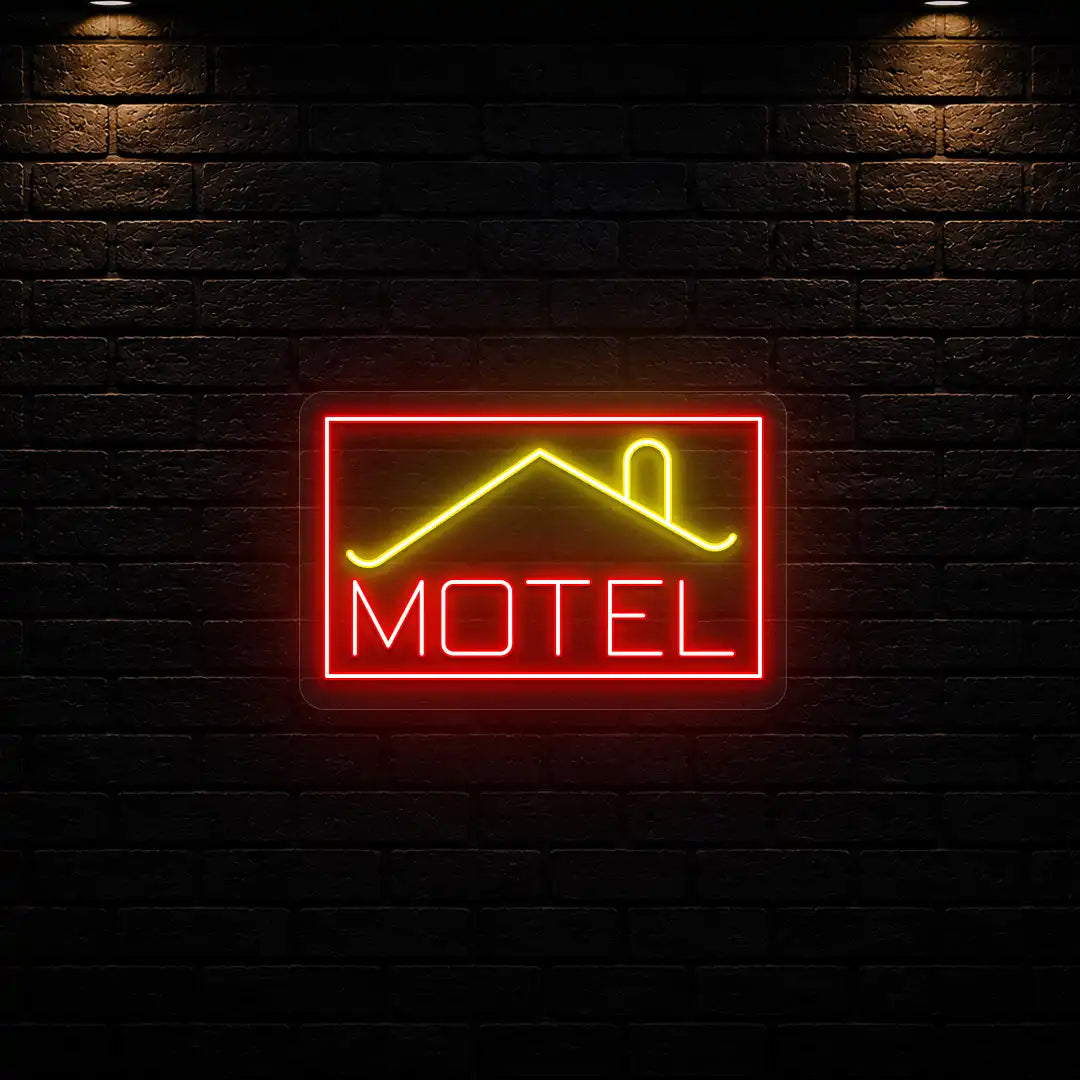yellow and red classic stay motel vintage neon sign mounted on a wall