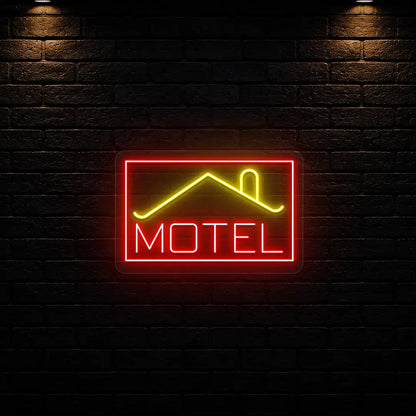 yellow and red classic stay motel vintage neon sign mounted on a wall