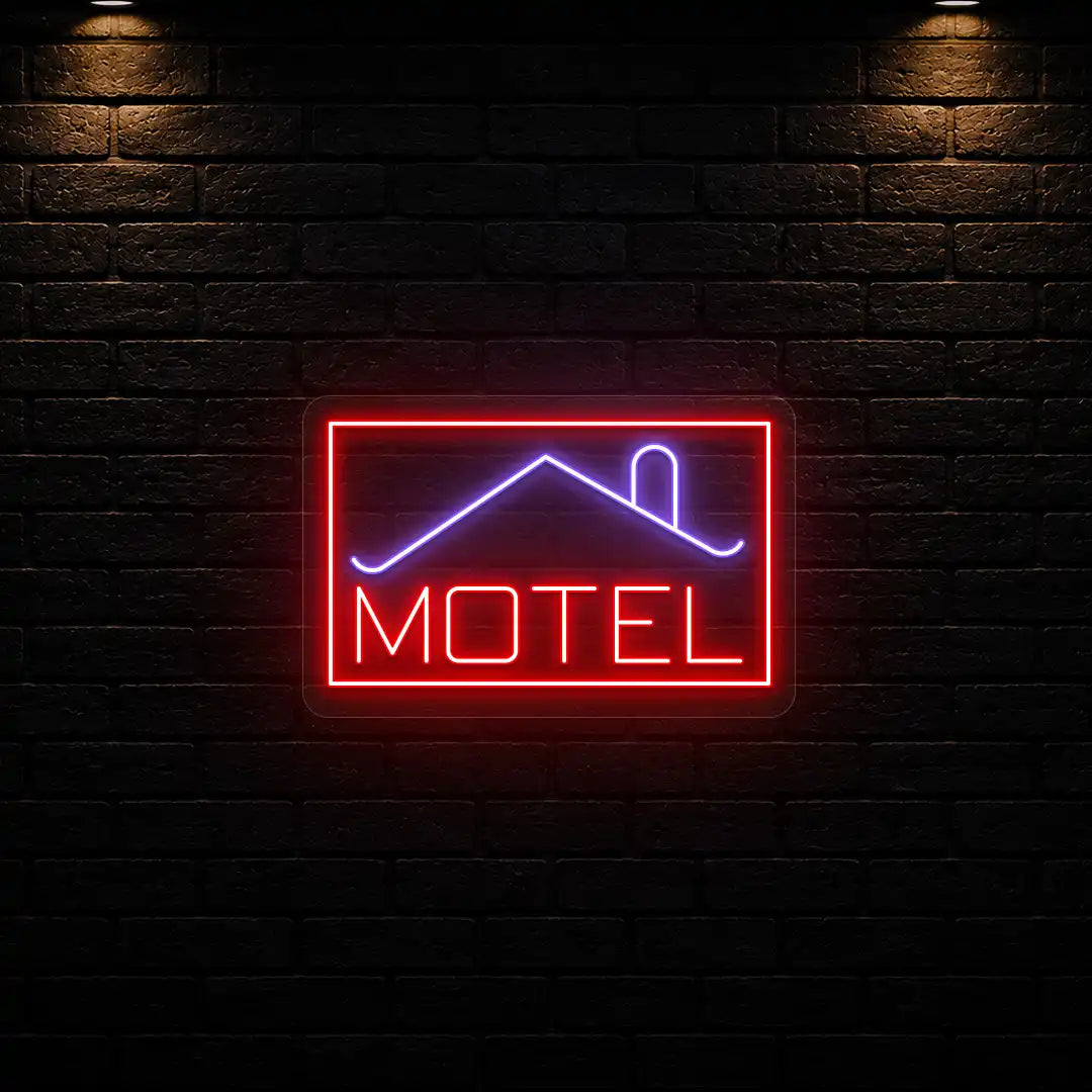 purple and red classic stay motel vintage neon sign mounted on a wall