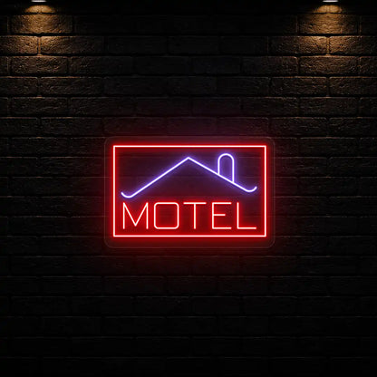 purple and red classic stay motel vintage neon sign mounted on a wall