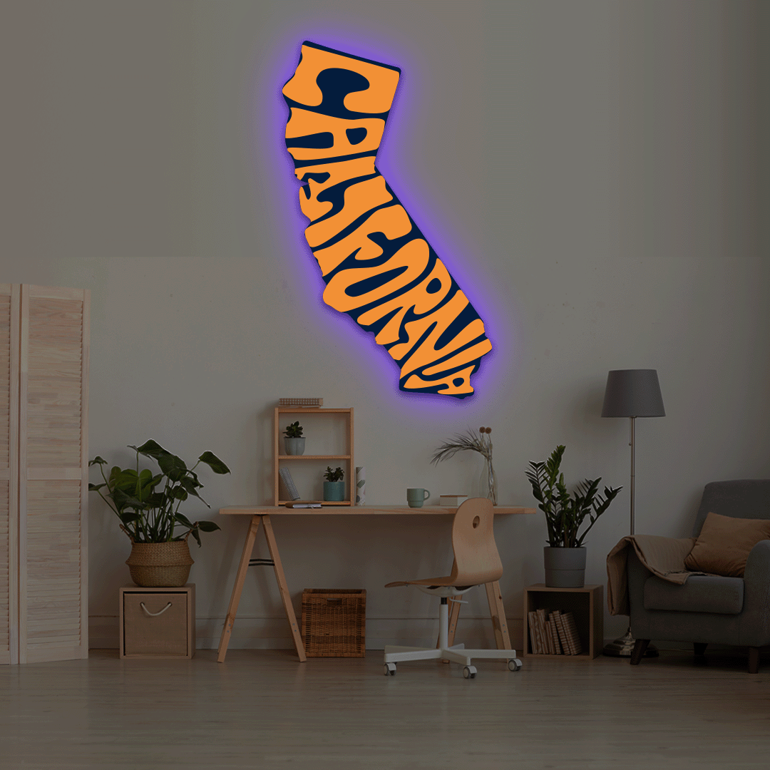 California map backlit metal wall art vinyl print with RGB color changing LED backlight
