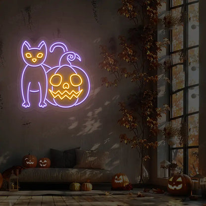 Cat With Pumpkin Neon Sign | Purple