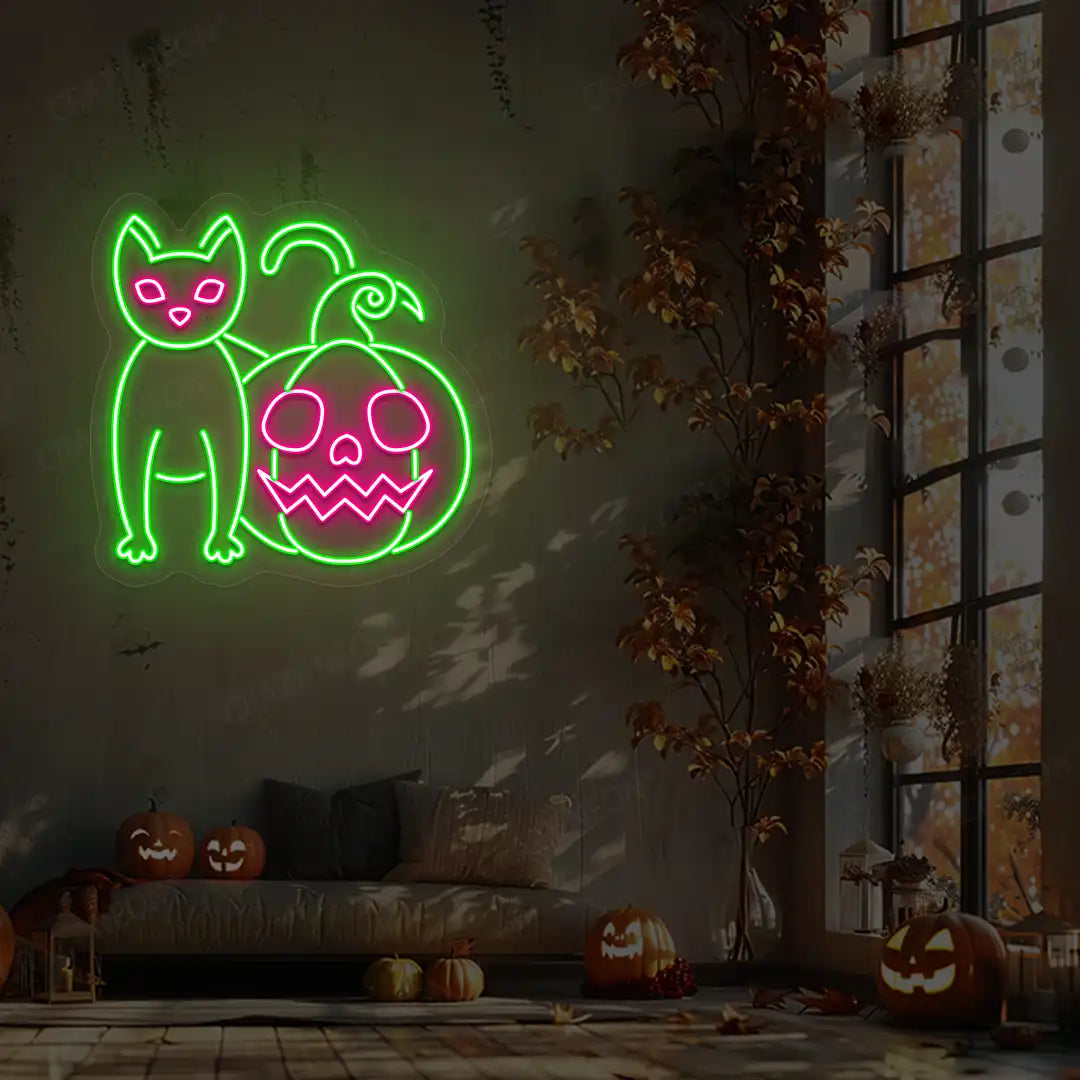 Cat With Pumpkin Neon Sign | Green