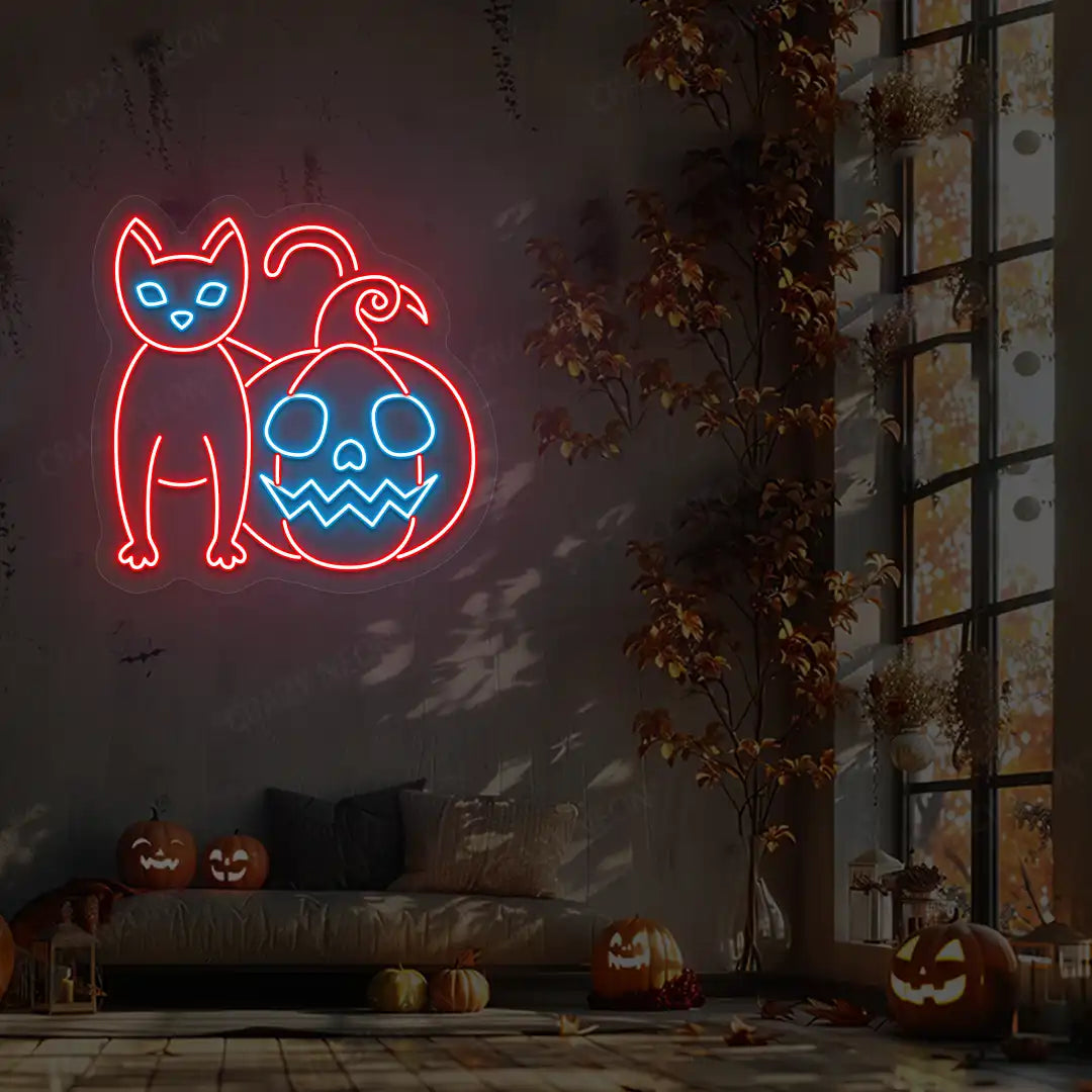 Cat With Pumpkin Neon Sign | Red