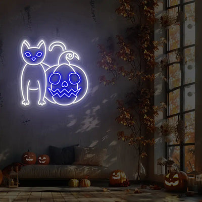 Cat With Pumpkin Neon Sign | White