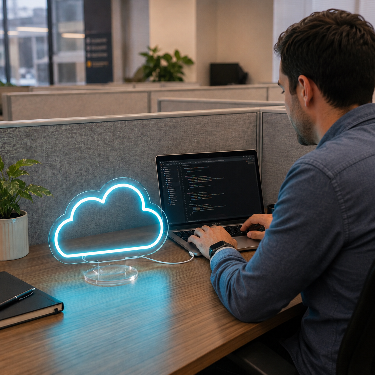Cloud Neon Desk Lamp glowing in blue light on a modern office desk beside a laptop.