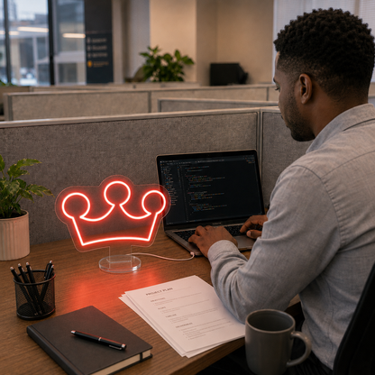 Crown Neon Desk Lamp glowing in red light on an office desk beside a laptop, adding a bold and stylish touch to a modern workspace.