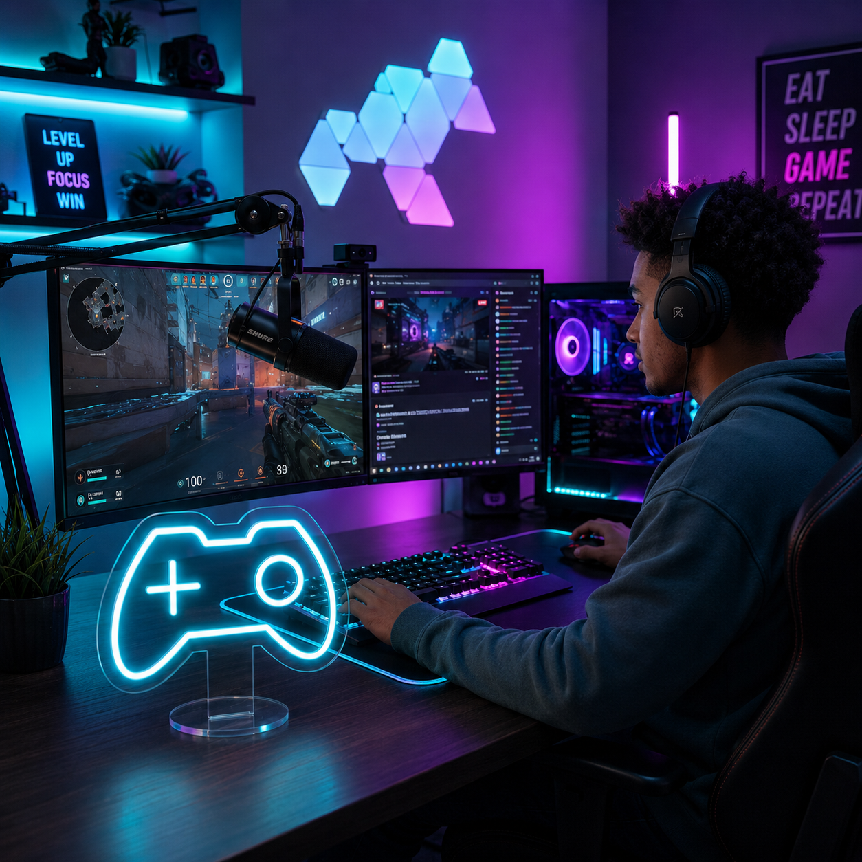 Blue game controller neon lamp on a gaming desk beside dual monitors, adding vibrant RGB style lighting while a gamer plays in a modern streaming setup.