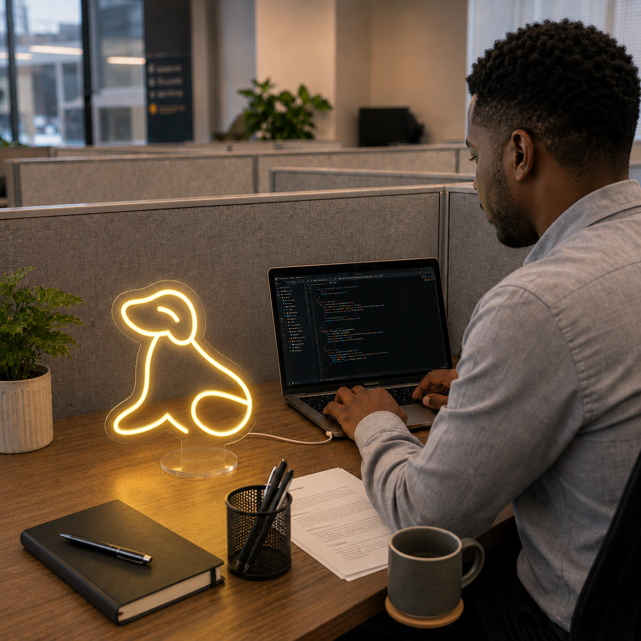 Yellow Dog Neon lamp on a modern office desk beside a laptop, notebook, and coffee mug, creating a warm and creative workspace atmosphere.