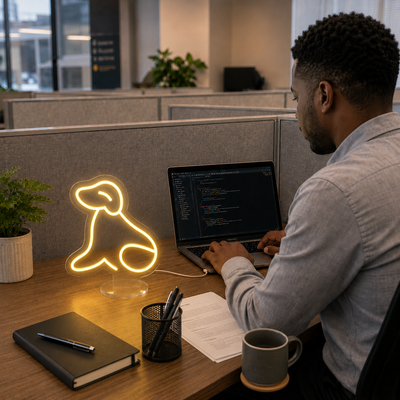 Yellow Dog Neon lamp on a modern office desk beside a laptop, notebook, and coffee mug, creating a warm and creative workspace atmosphere.