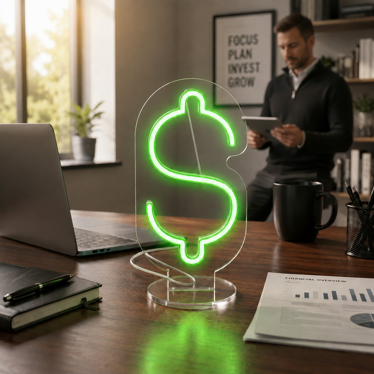 Green Color Dollar sign neon lamp glowing on a modern office desk beside a laptop, notebook, and workspace essentials in a professional office setting.