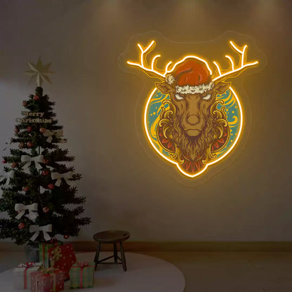 Santa Stag Christmas Neon Artwork | Orange