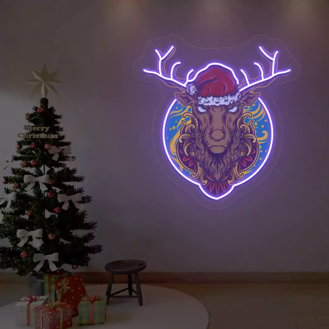 Santa Stag Christmas Neon Artwork | Purple