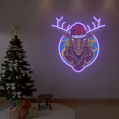 Santa Stag Christmas Neon Artwork | Purple