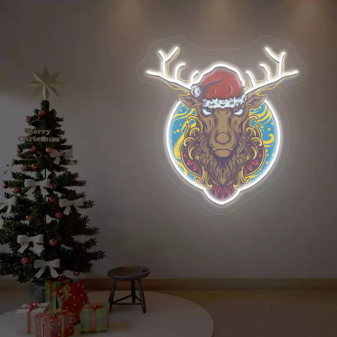 Santa Stag Christmas Neon Artwork | White