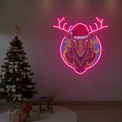 Santa Stag Christmas Neon Artwork | Pink
