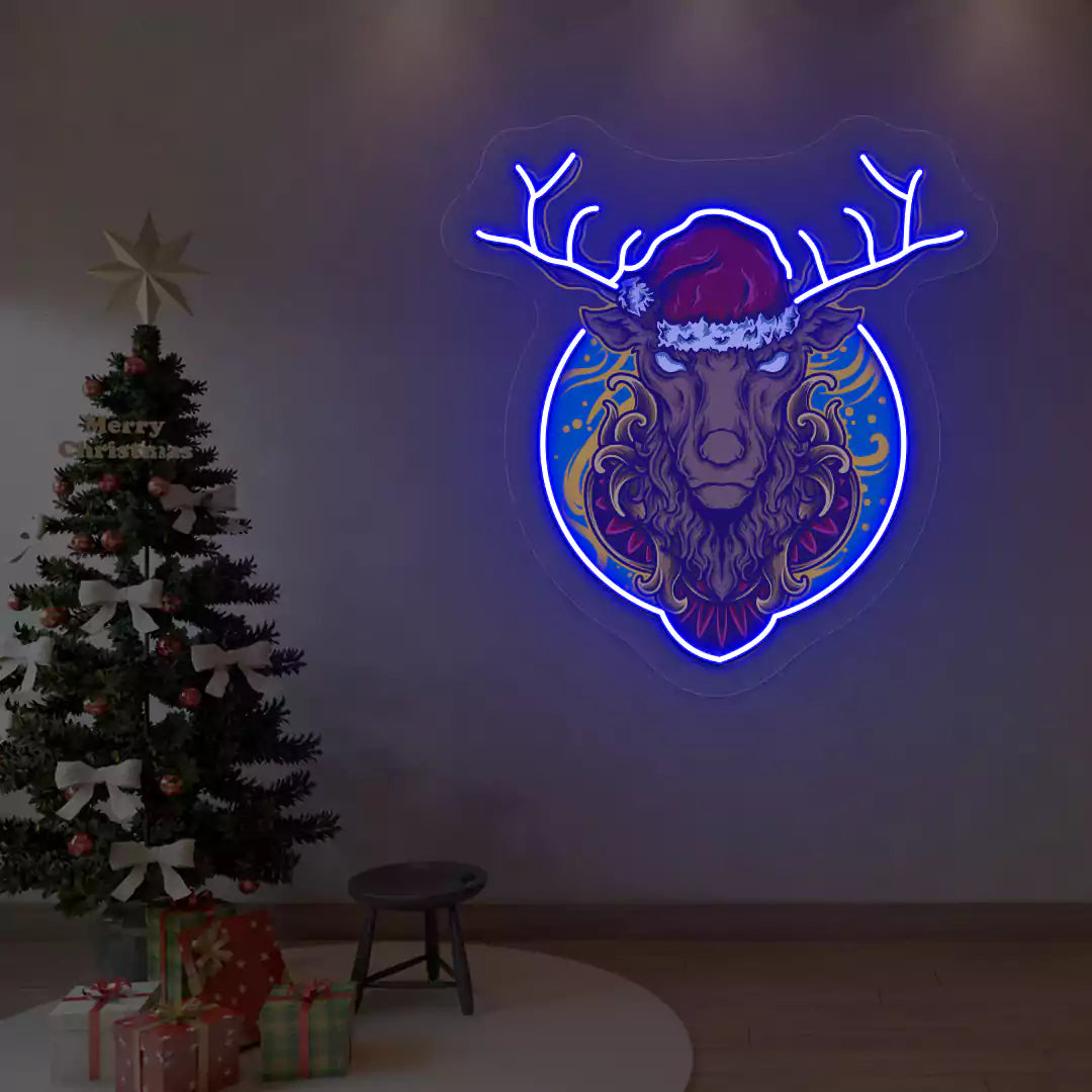 Santa Stag Christmas Neon Artwork | Blue