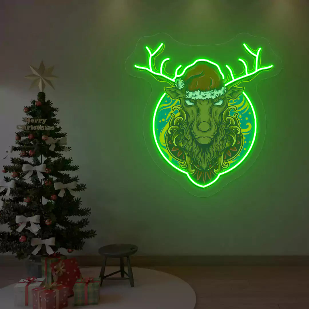 Santa Stag Christmas Neon Artwork | Green