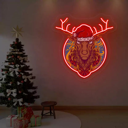 Santa Stag Christmas Neon Artwork | Red