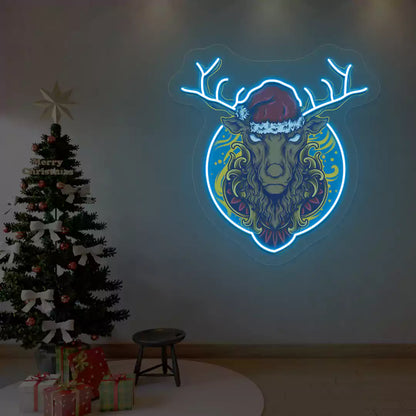 Santa Stag Christmas Neon Artwork | Iceblue