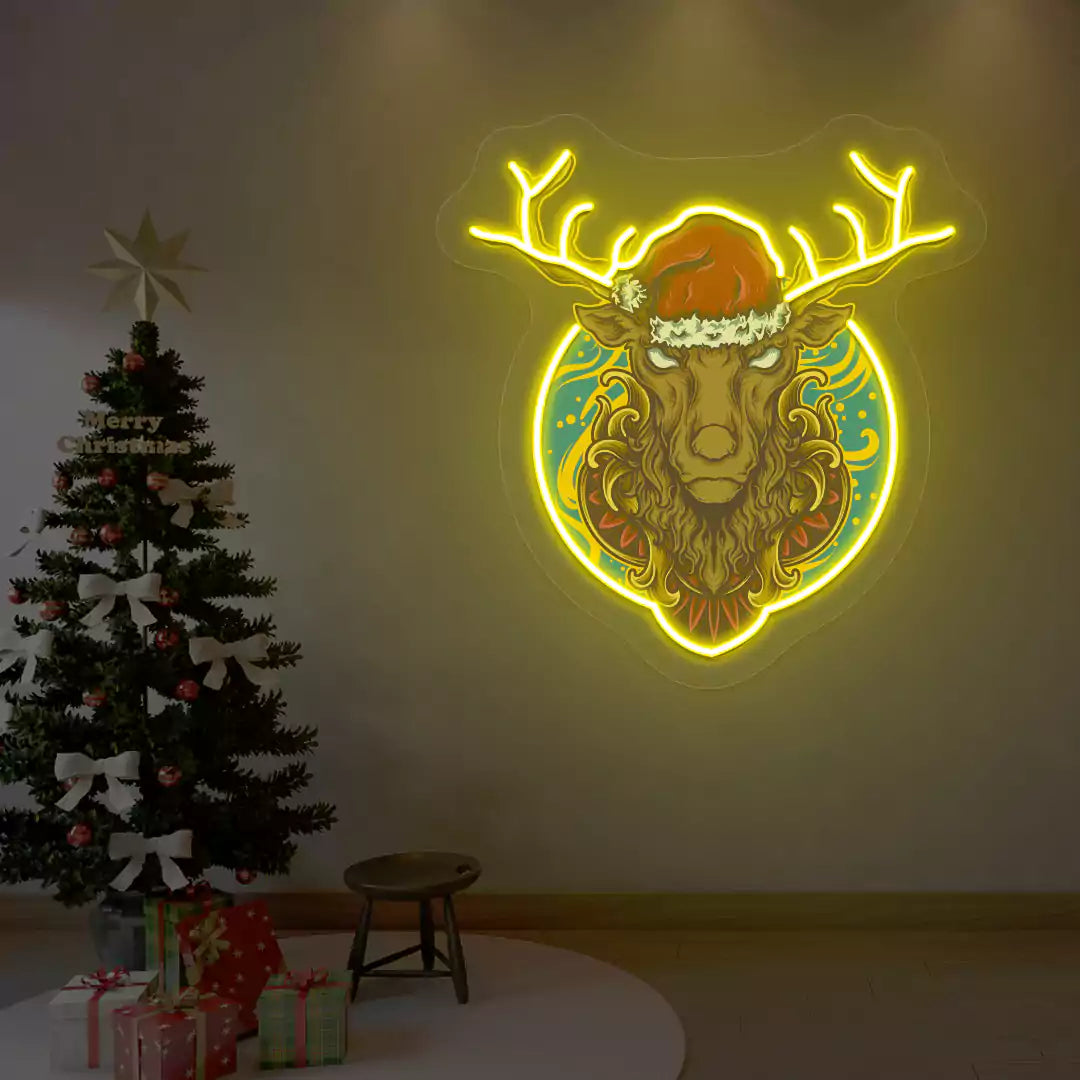 Santa Stag Christmas Neon Artwork | Yellow