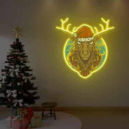 Santa Stag Christmas Neon Artwork | Yellow