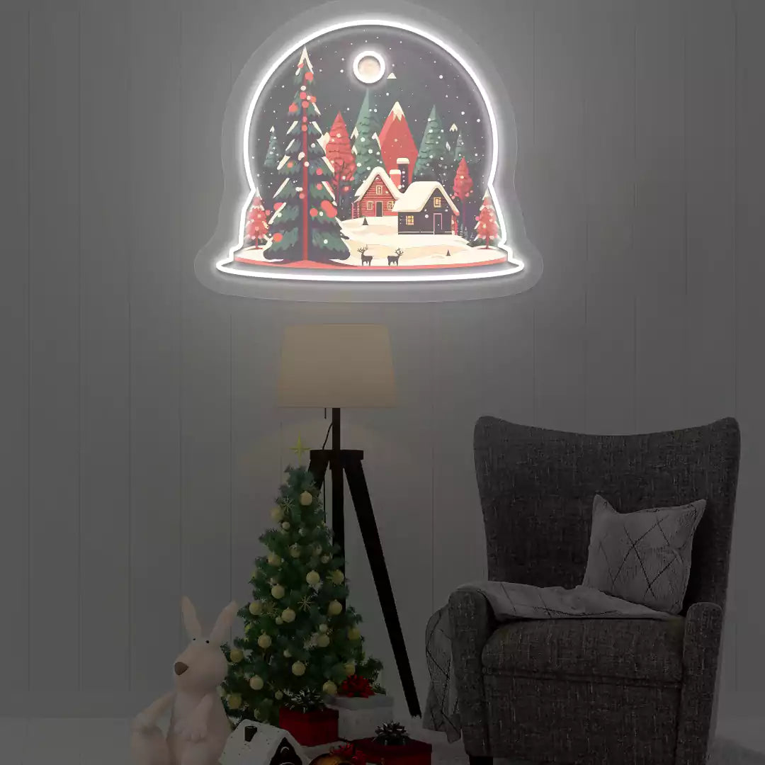 Winter Cabin Snow Globe Neon Artwork | White