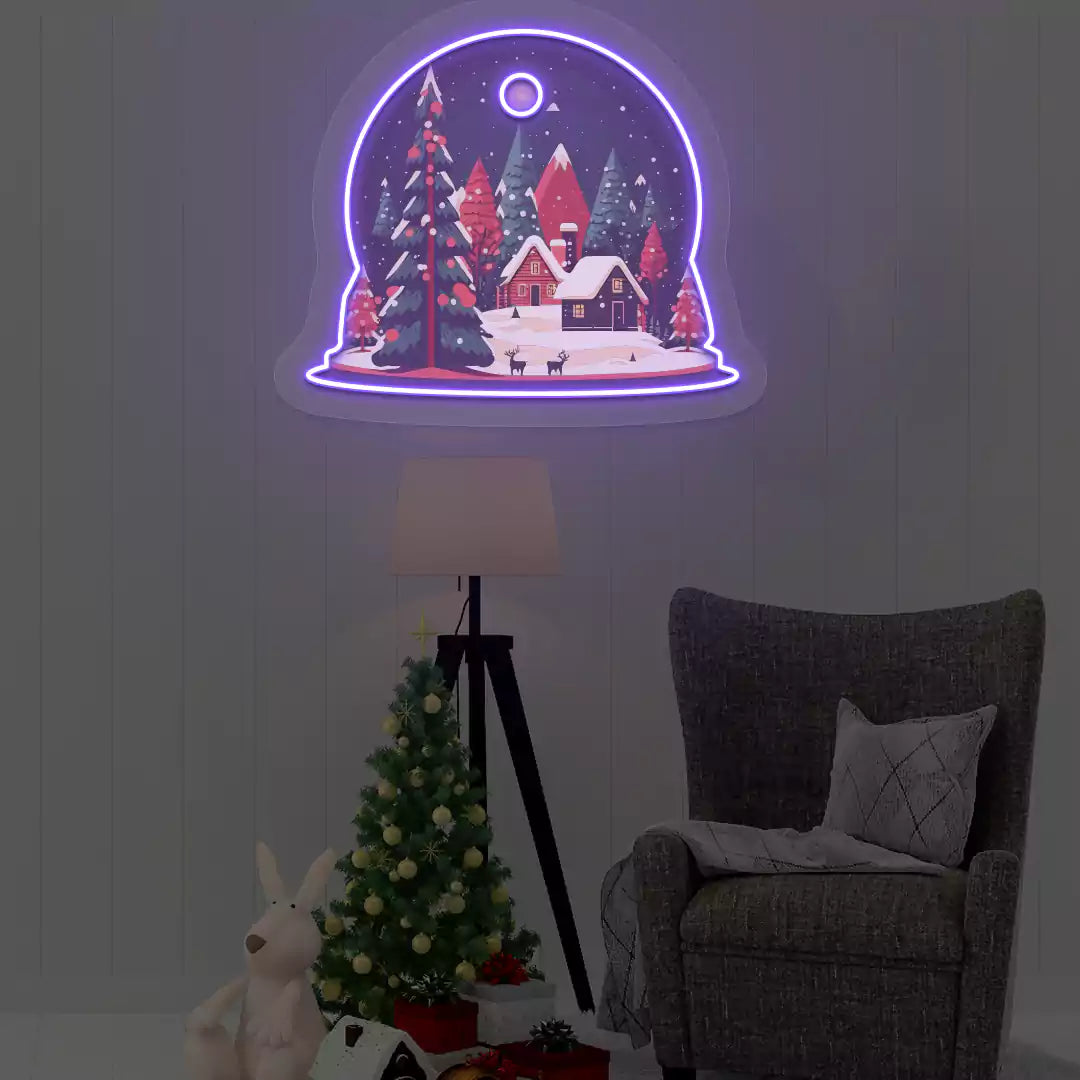 Winter Cabin Snow Globe Neon Artwork | Purple