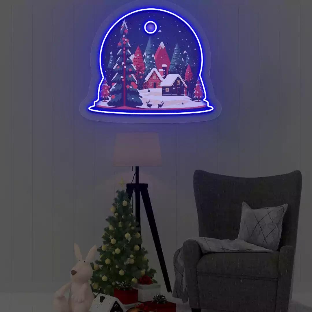 Winter Cabin Snow Globe Neon Artwork | blue