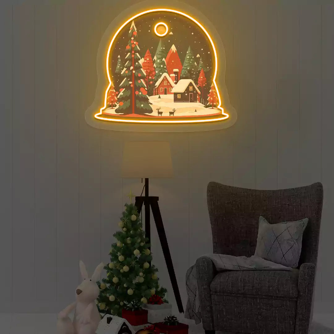 Winter Cabin Snow Globe Neon Artwork | Orange