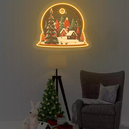 Winter Cabin Snow Globe Neon Artwork | Orange