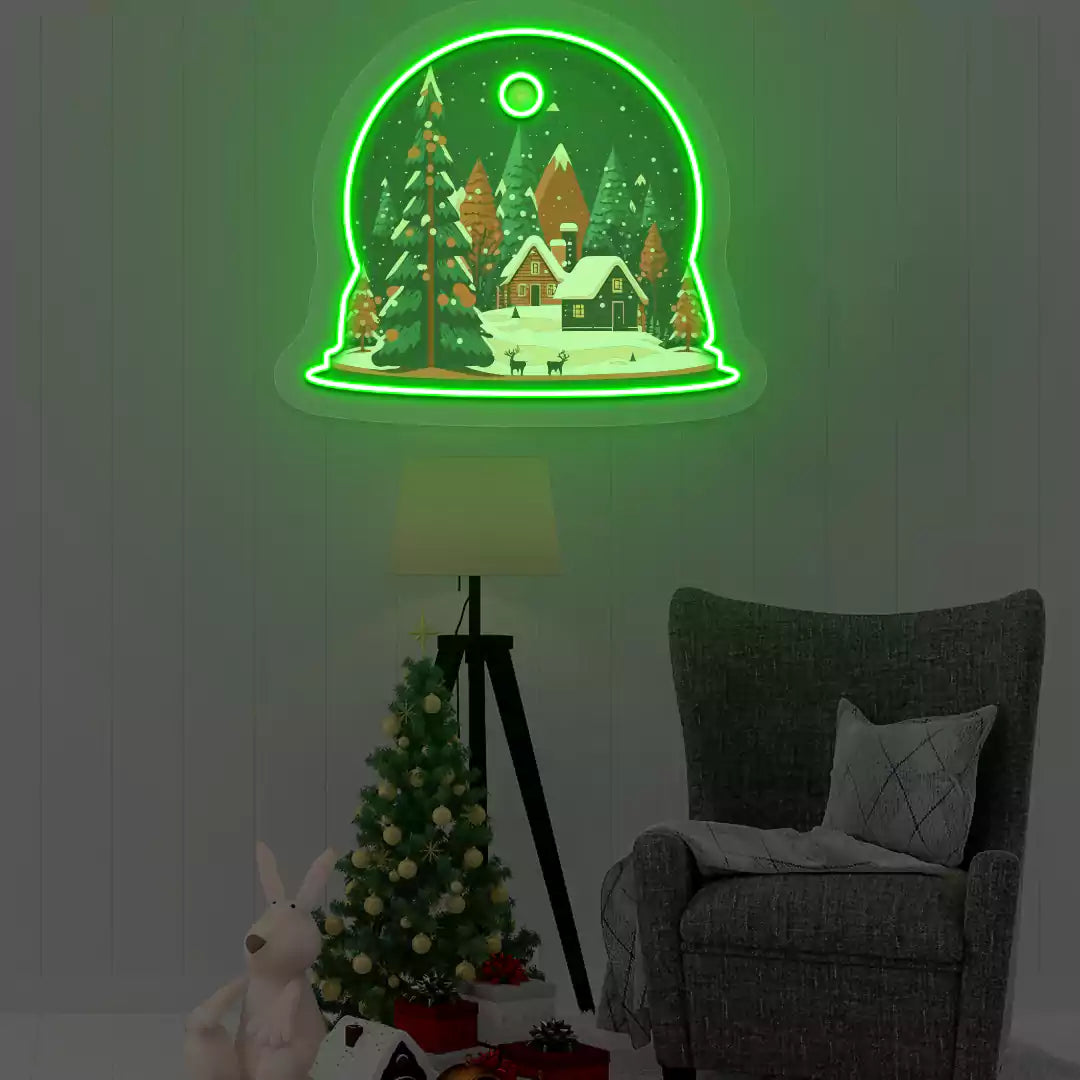 Winter Cabin Snow Globe Neon Artwork | Green