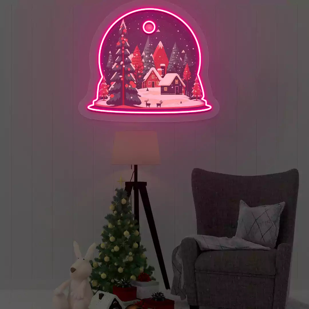 Winter Cabin Snow Globe Neon Artwork | Pink