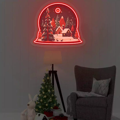 Winter Cabin Snow Globe Neon Artwork | Red