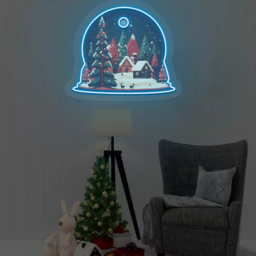 Winter Cabin Snow Globe Neon Artwork | Iceblue