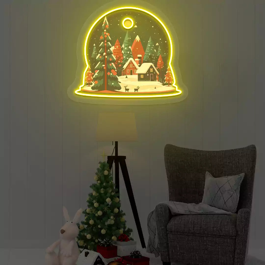 Winter Cabin Snow Globe Neon Artwork | Yellow