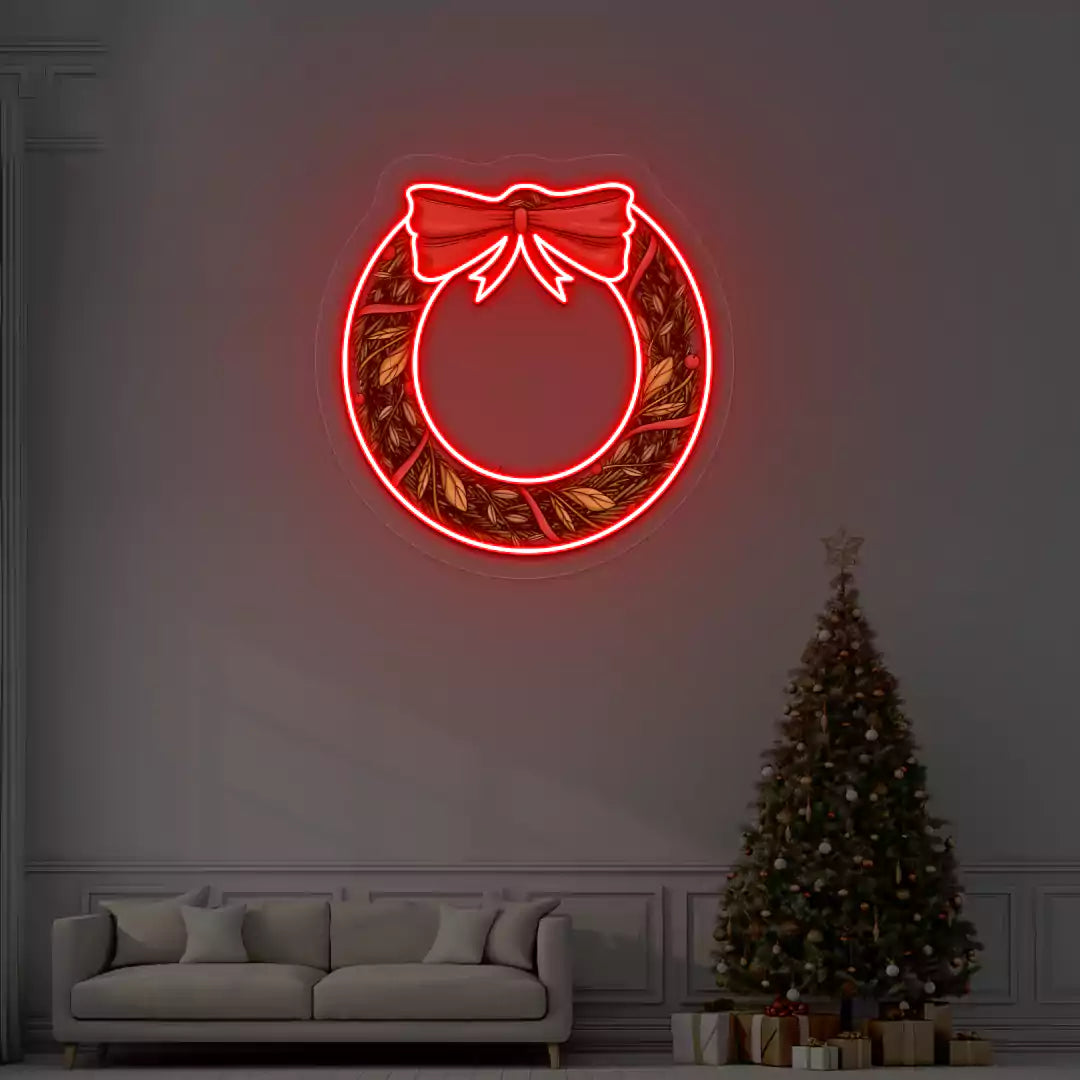 Holiday Wreath with Bow Neon Artwork | Red