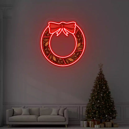 Holiday Wreath with Bow Neon Artwork | Red